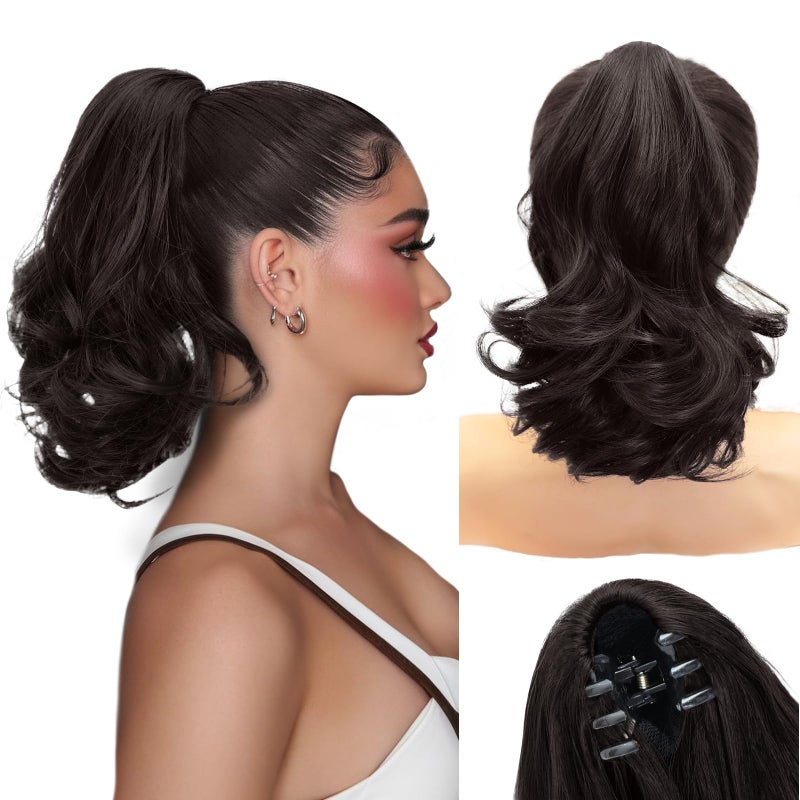 NAYOO Claw Clip Ponytail Extension Black Brown 12 Short Wavy Ponytail Clip in Hair Extensions for Women Curly Natural Layered Pony Tails for Short Thin Hair Synthetic HairpieceBlack Brown